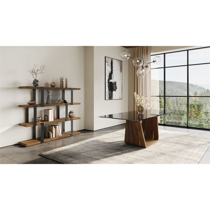 Pemberly Row Brewer 4-Shelf Modern Veneer & Metal Bookshelf in Walnut/Black