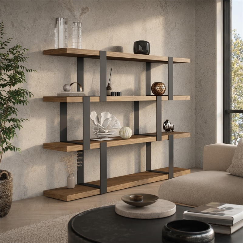 Pemberly Row Brewer 4-Shelf Modern Veneer & Metal Bookshelf in Walnut/Black