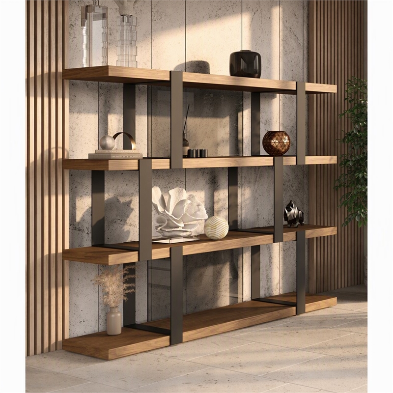 Pemberly Row Brewer 4-Shelf Modern Veneer & Metal Bookshelf in Walnut/Black