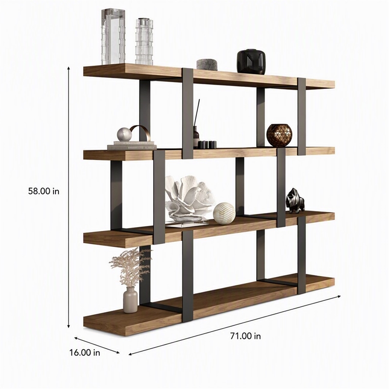 Pemberly Row Brewer 4-Shelf Modern Veneer & Metal Bookshelf in Walnut/Black