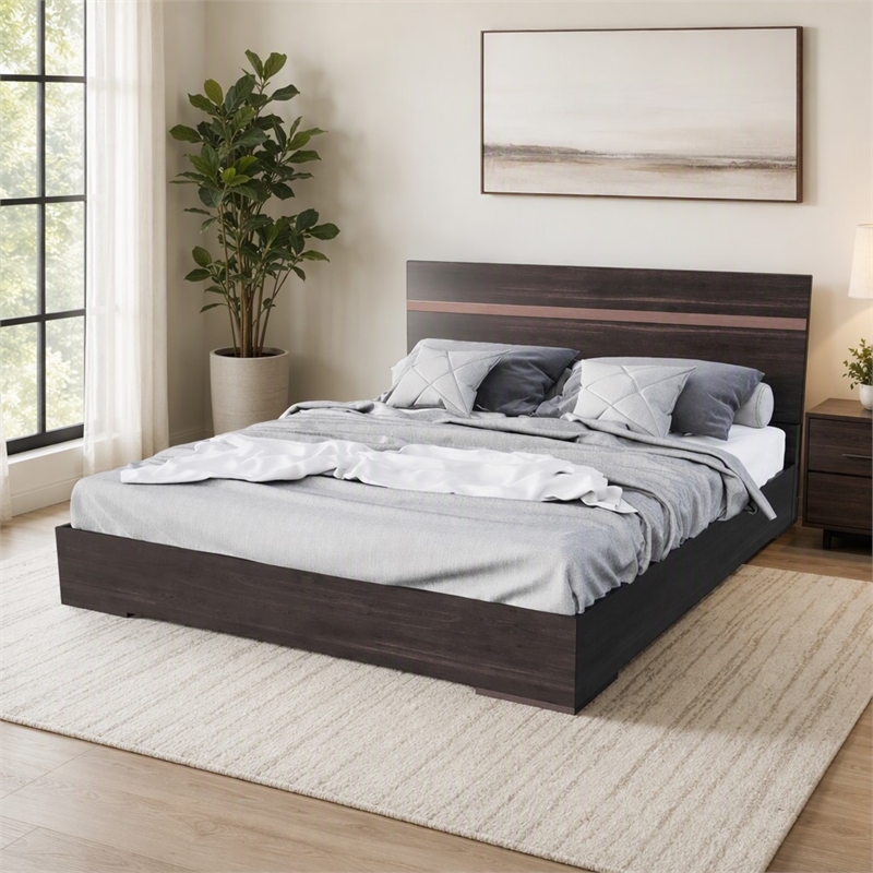 Pemberly Row 62x83 Modern Wood and Stainless Steel Queen Bed in Walnut