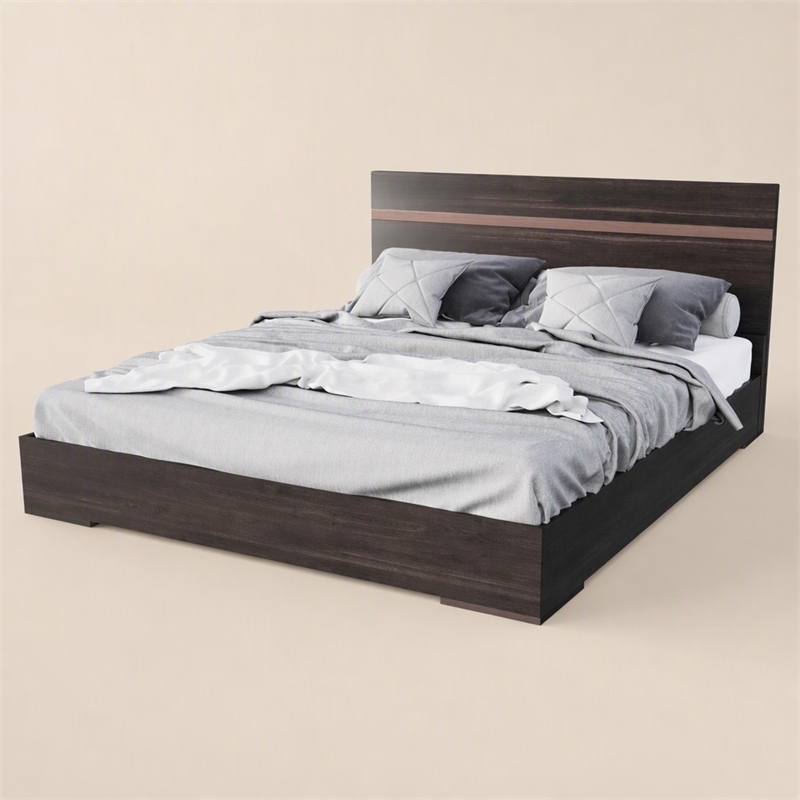 Pemberly Row 62x83 Modern Wood and Stainless Steel Queen Bed in Walnut