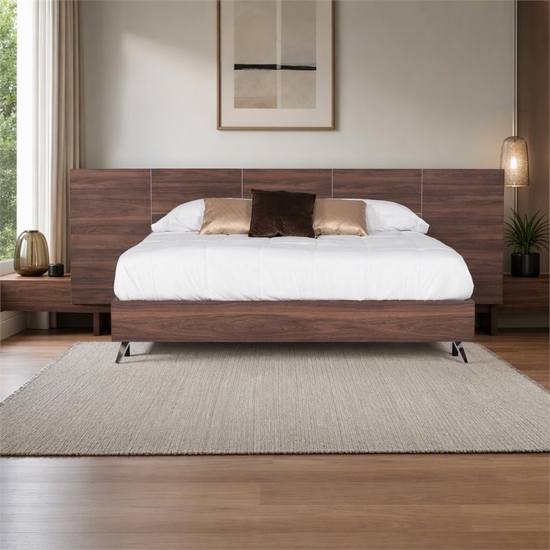 Pemberly Row Queen Laminate Wood Bed in Walnut with Elongated Headboard