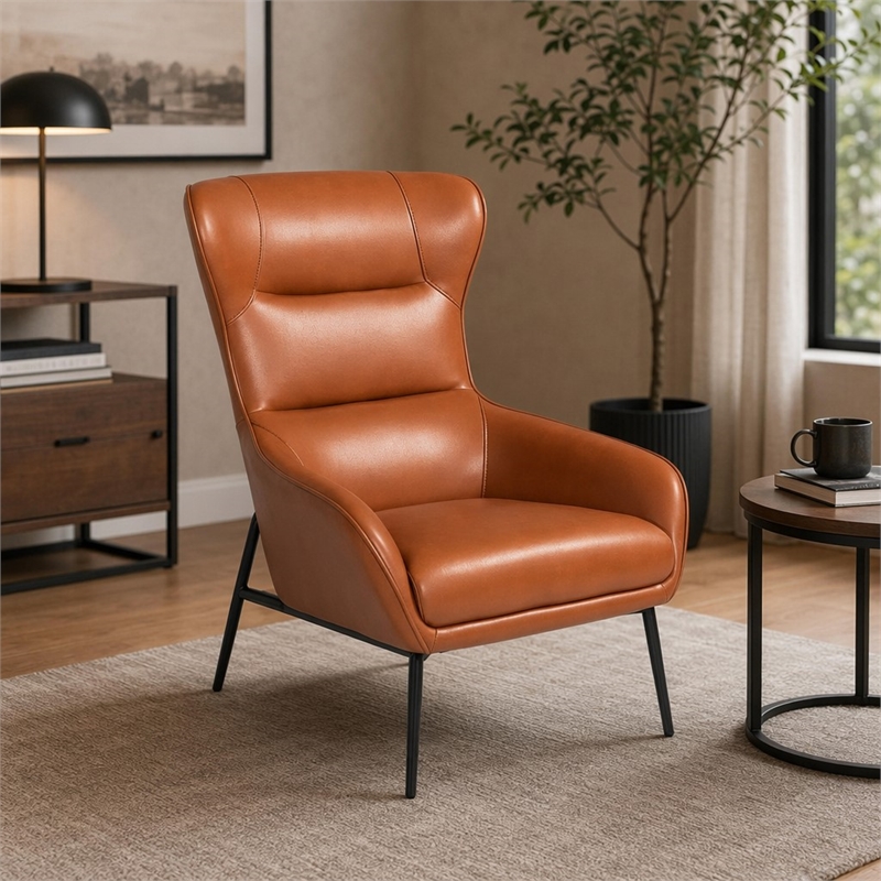 Pemberly Row Modern Faux Leather Lounge Chair with Metal Legs in Orange
