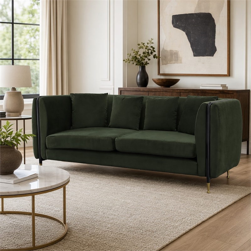 Pemberly Row Modern Velvet Sofa in Dark Green with Gold Accent Legs