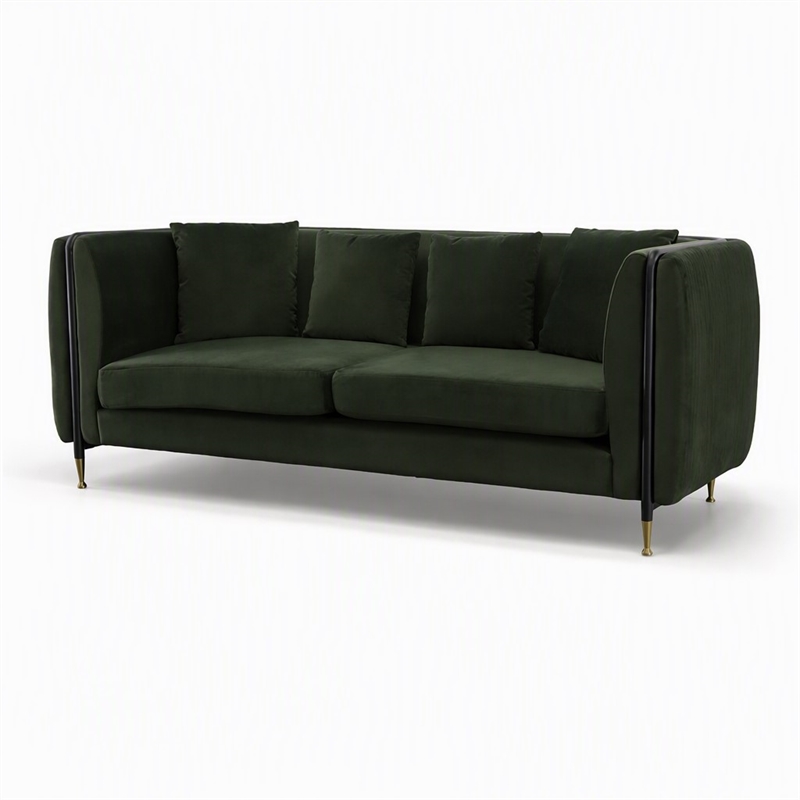 Pemberly Row Modern Velvet Sofa in Dark Green with Gold Accent Legs