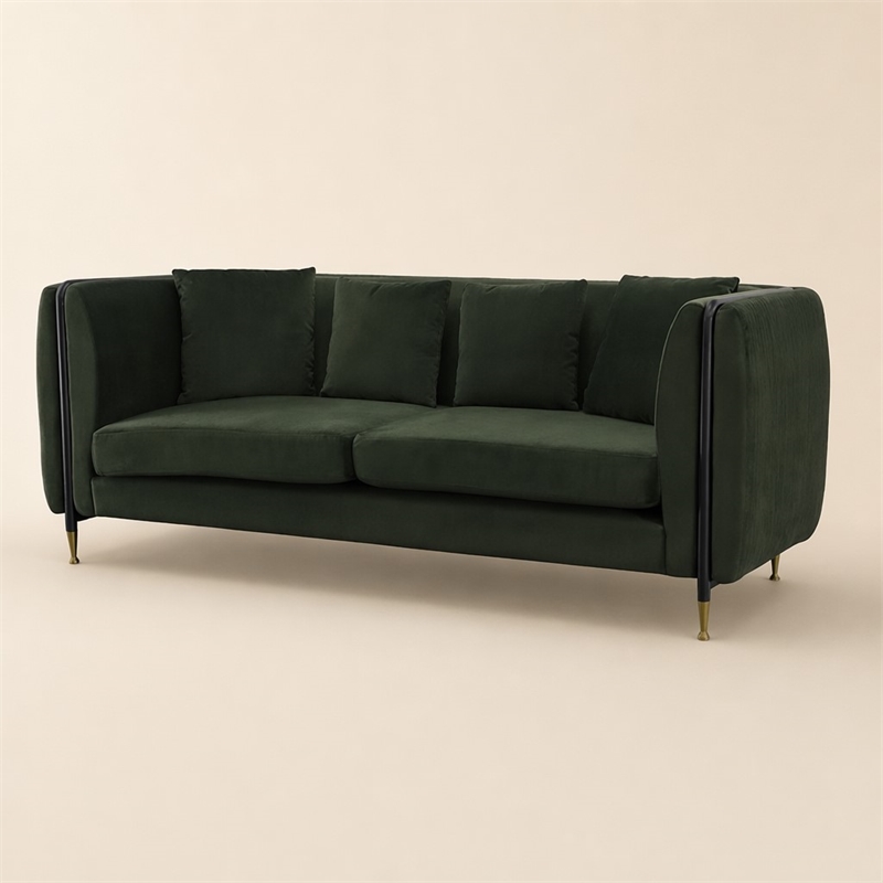 Pemberly Row Modern Velvet Sofa in Dark Green with Gold Accent Legs