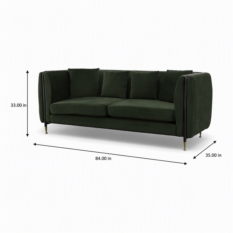 Pemberly Row Modern Velvet Sofa in Dark Green with Gold Accent Legs