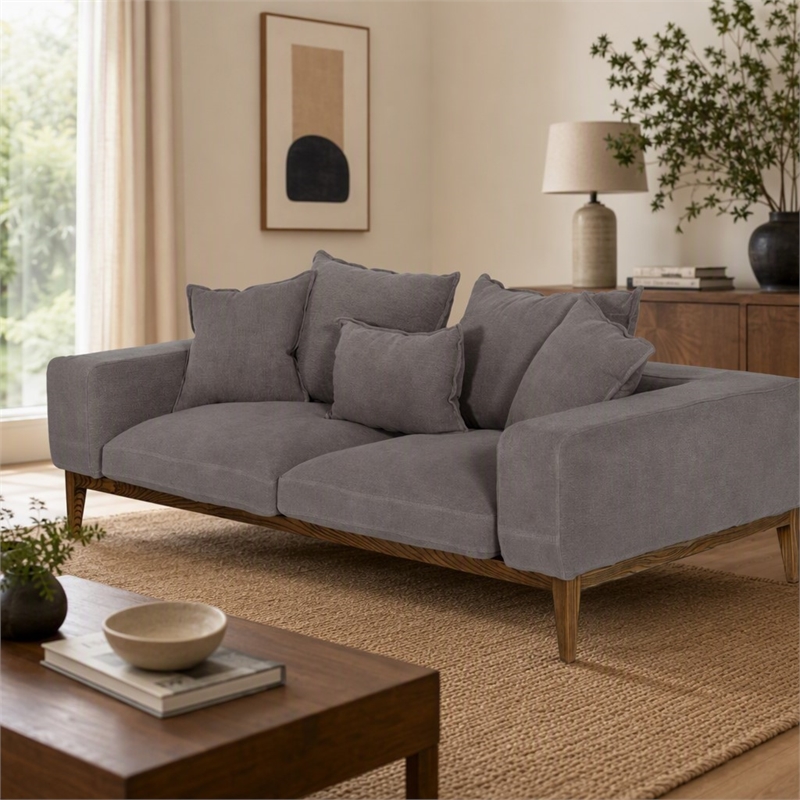 Pemberly Row Fabric & Solid Wood Sofa with Feather Cushions in Gray/Walnut
