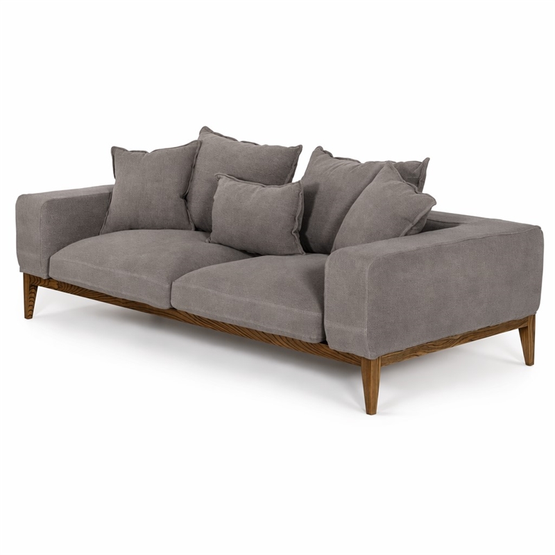 Pemberly Row Fabric & Solid Wood Sofa with Feather Cushions in Gray/Walnut