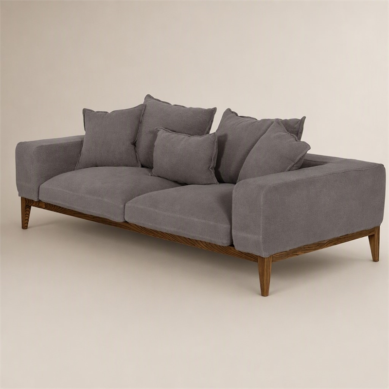 Pemberly Row Fabric & Solid Wood Sofa with Feather Cushions in Gray/Walnut