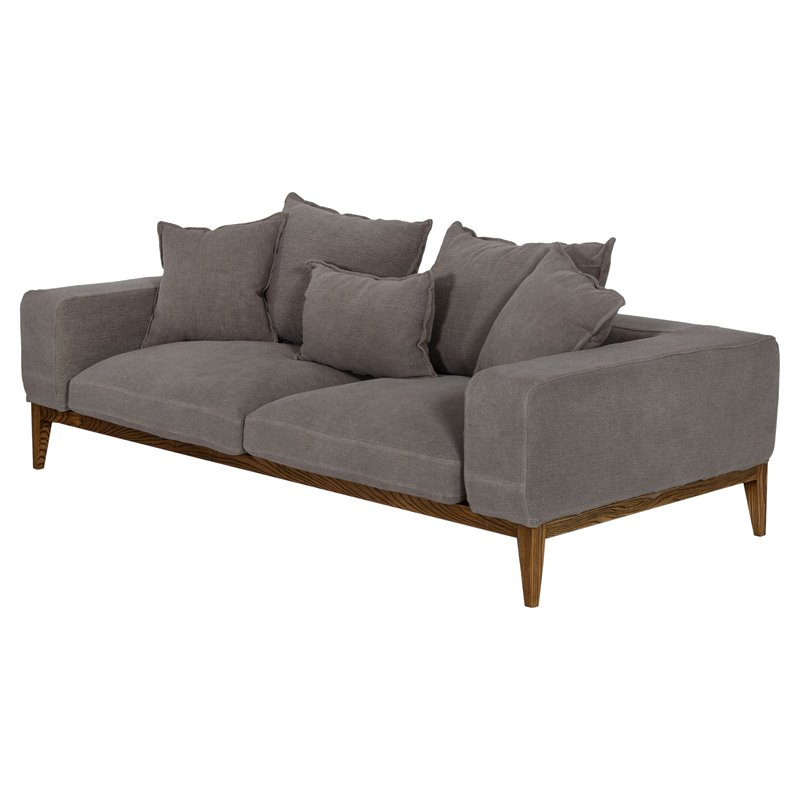 Pemberly Row Fabric & Solid Wood Sofa with Feather Cushions in Gray/Walnut