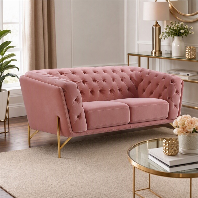 Pemberly Row Velvet Loveseat with Diamond Tufted Back in Salmon Pink