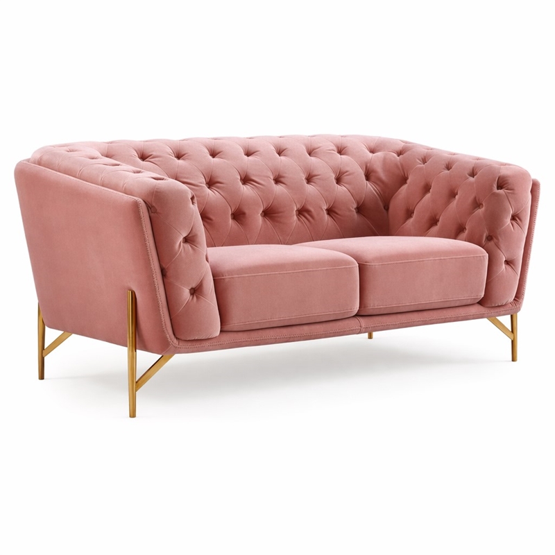 Pemberly Row Velvet Loveseat with Diamond Tufted Back in Salmon Pink