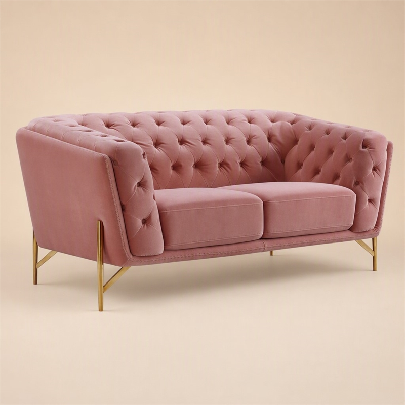 Pemberly Row Velvet Loveseat with Diamond Tufted Back in Salmon Pink