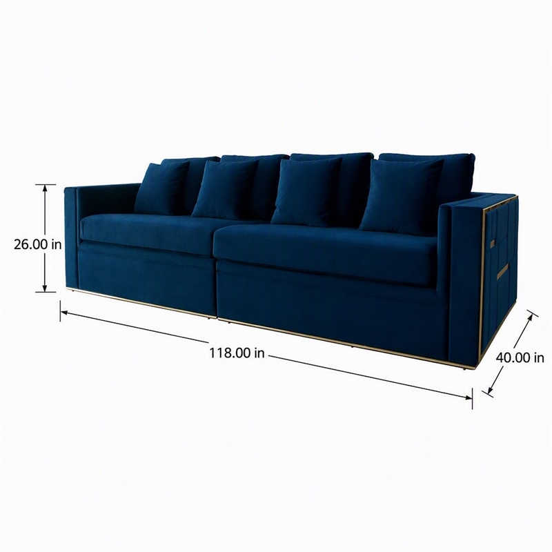 Pemberly Row Velvet Sofa with Stainless Steel Accents in Blue and Gold