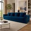 Pemberly Row Velvet Sofa with Stainless Steel Accents in Blue and Gold