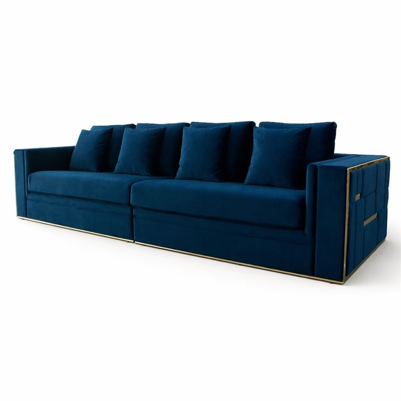 Pemberly Row Velvet Sofa with Stainless Steel Accents in Blue and Gold