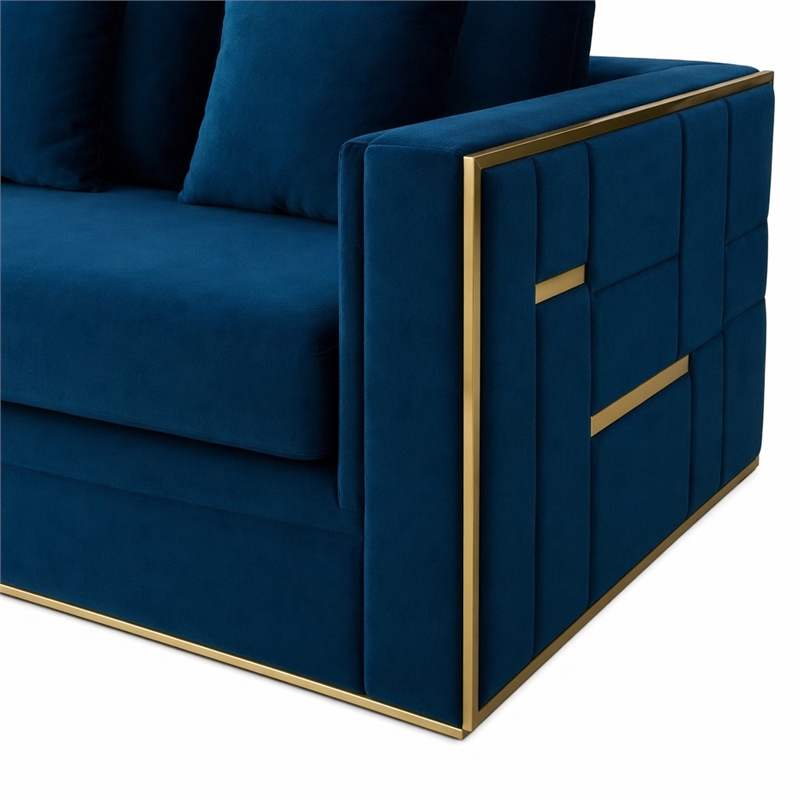 Pemberly Row Velvet Sofa with Stainless Steel Accents in Blue and Gold