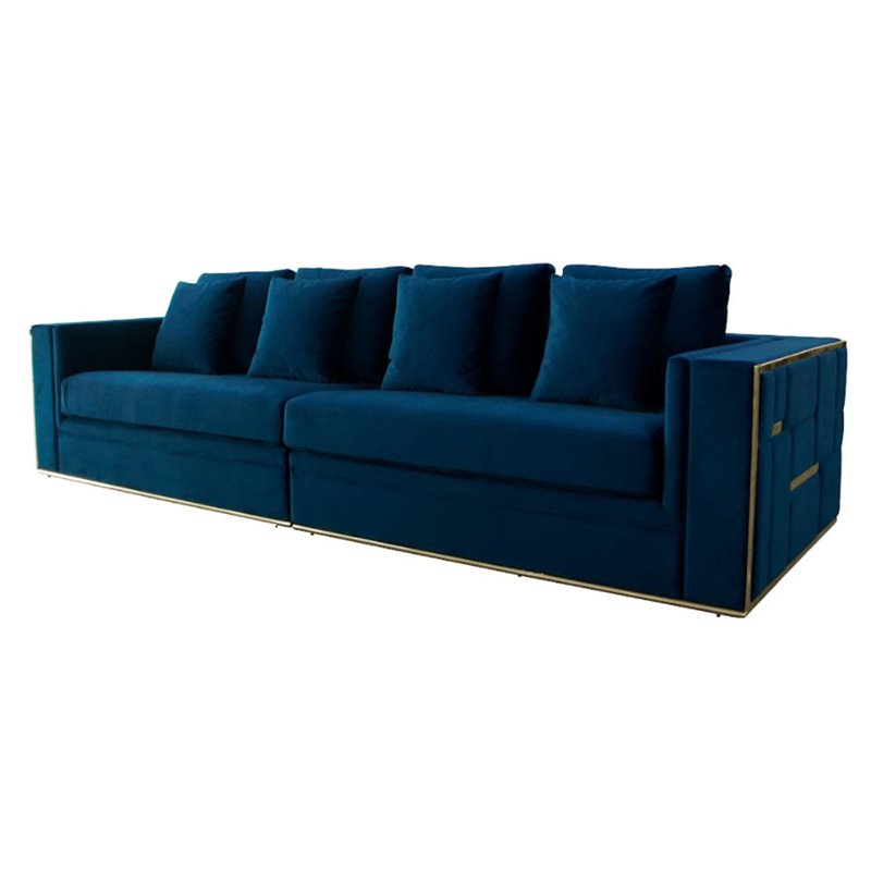 Pemberly Row Velvet Sofa with Stainless Steel Accents in Blue and Gold
