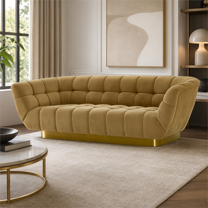 Pemberly Row Blind Biscuit Tufted Fabric Sofa in Mustard Yellow and Gold