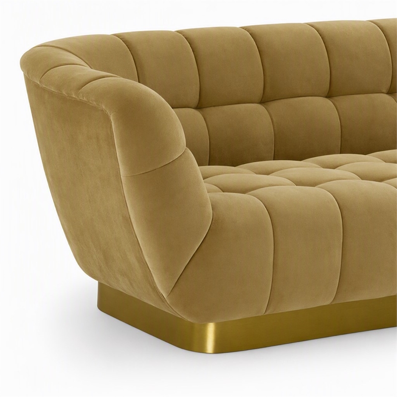 Pemberly Row Blind Biscuit Tufted Fabric Sofa in Mustard Yellow and Gold