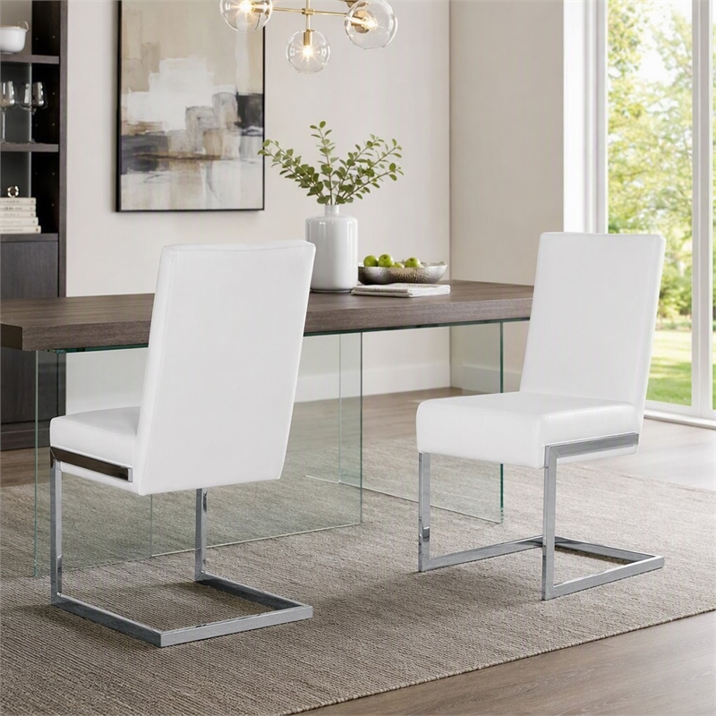 Pemberly Row Modern Faux Leather Dining Chairs in White (Set of 2)