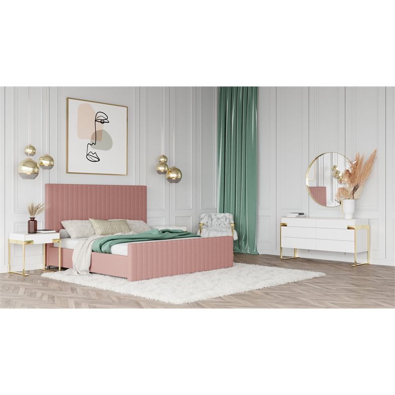 Pemberly Row Velvet Upholstered Channel Tufted Eastern King Bed in Mauve