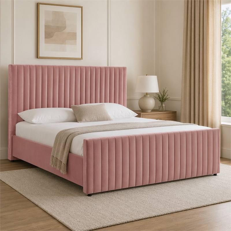 Pemberly Row Velvet Upholstered Channel Tufted Eastern King Bed in Mauve