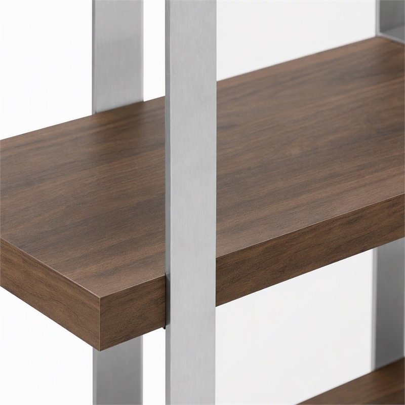 Pemberly Row Modern 4-Shelves Bookshelf in Walnut Veneer and Glass