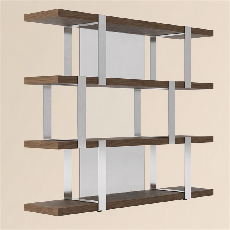 Pemberly Row Modern 4-Shelves Bookshelf in Walnut Veneer and Glass