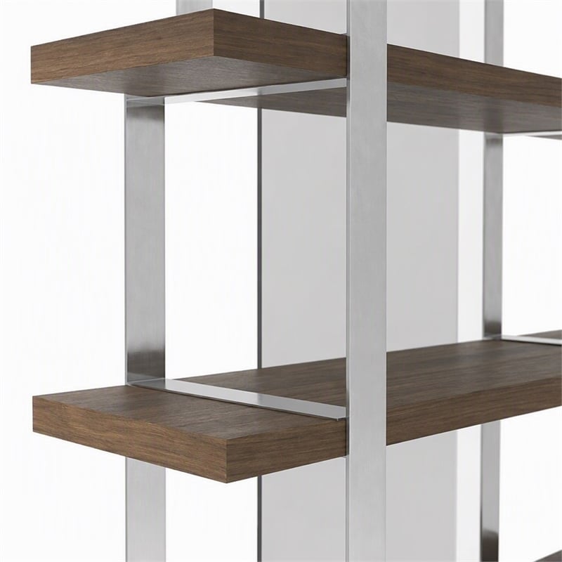 Pemberly Row Modern 4-Shelves Bookshelf in Walnut Veneer and Glass