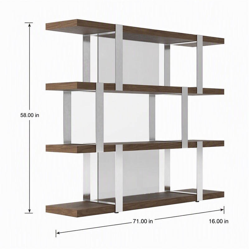 Pemberly Row Modern 4-Shelves Bookshelf in Walnut Veneer and Glass