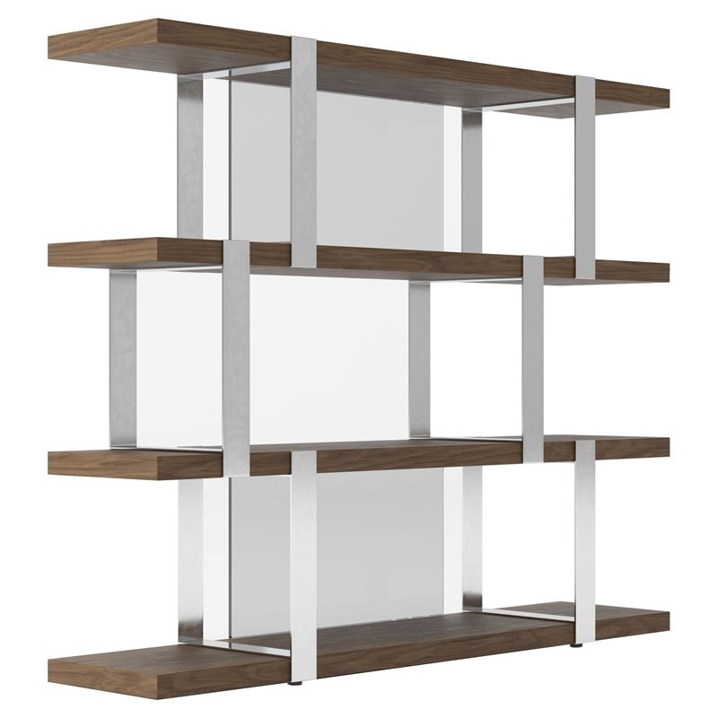 Pemberly Row Modern 4-Shelves Bookshelf in Walnut Veneer and Glass