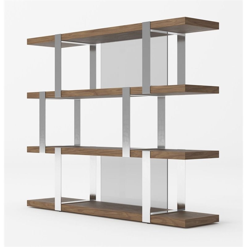 Pemberly Row Modern 4-Shelves Bookshelf in Walnut Veneer and Glass