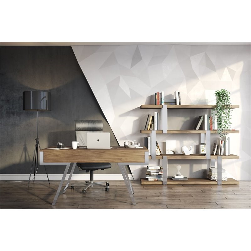 Pemberly Row Modern 4-Shelves Bookshelf in Walnut Veneer and Glass