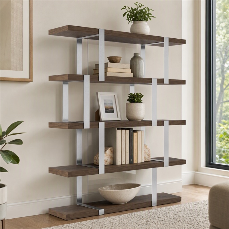Pemberly Row Modern 4-Shelves Bookshelf in Walnut Veneer and Glass