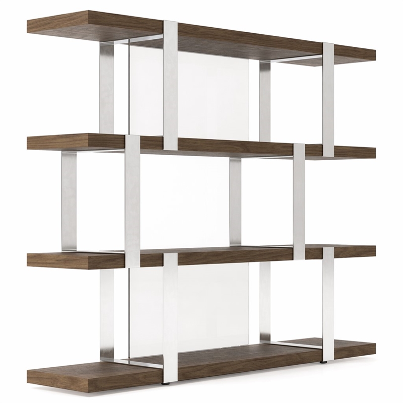 Pemberly Row Modern 4-Shelves Bookshelf in Walnut Veneer and Glass