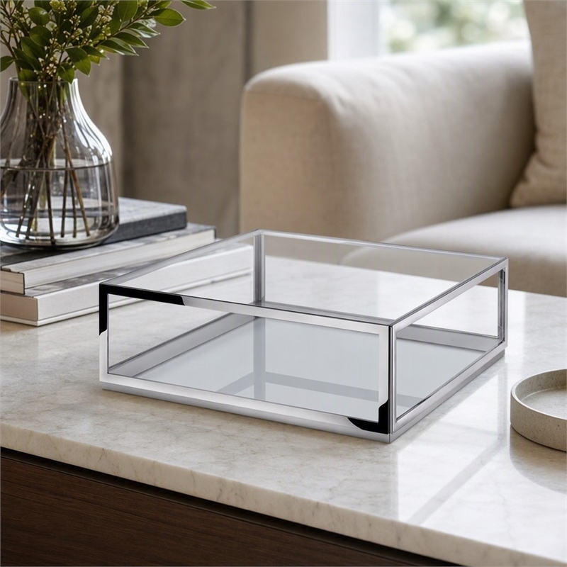Pemberly Row Modern Glass and Stainless Steel Coffee Table in Silver and Clear