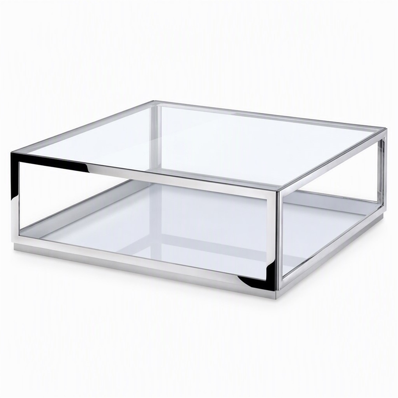 Pemberly Row Modern Glass and Stainless Steel Coffee Table in Silver and Clear