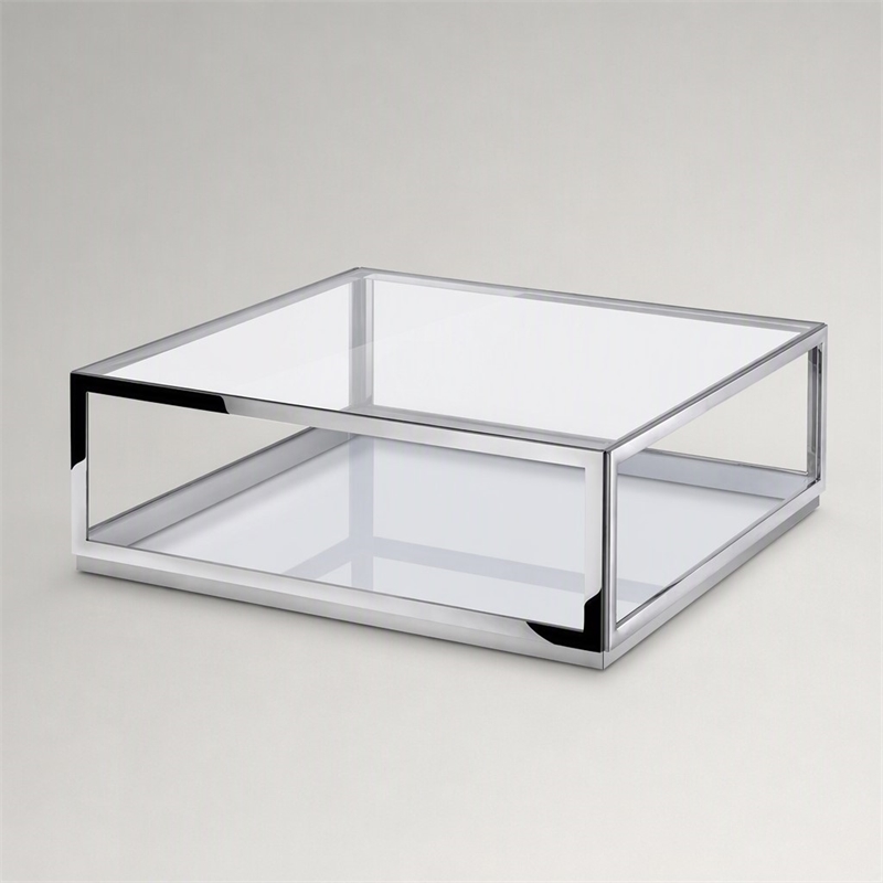 Pemberly Row Modern Glass and Stainless Steel Coffee Table in Silver and Clear