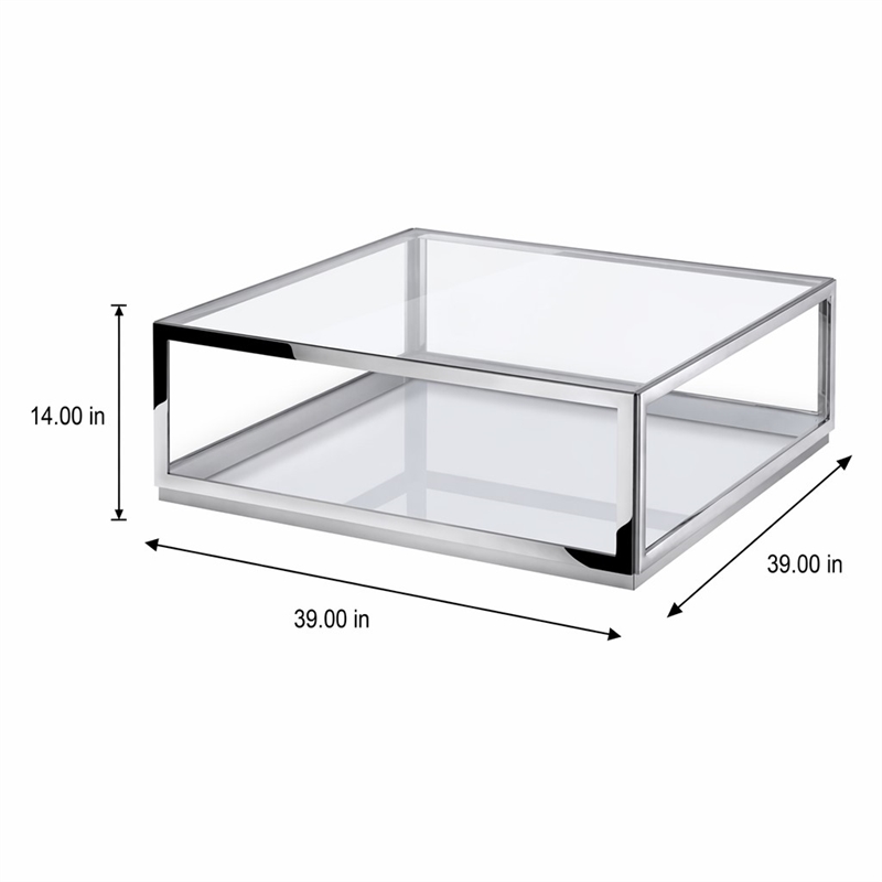 Pemberly Row Modern Glass and Stainless Steel Coffee Table in Silver and Clear