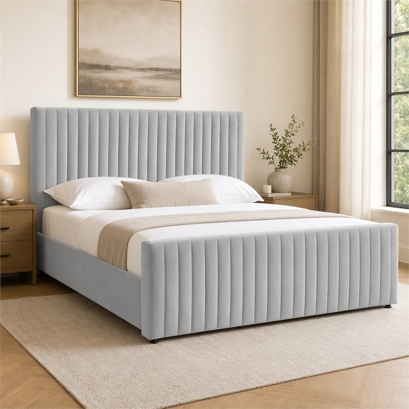 Pemberly Row Modern Velvet Upholstered Eastern King Bed in Gray