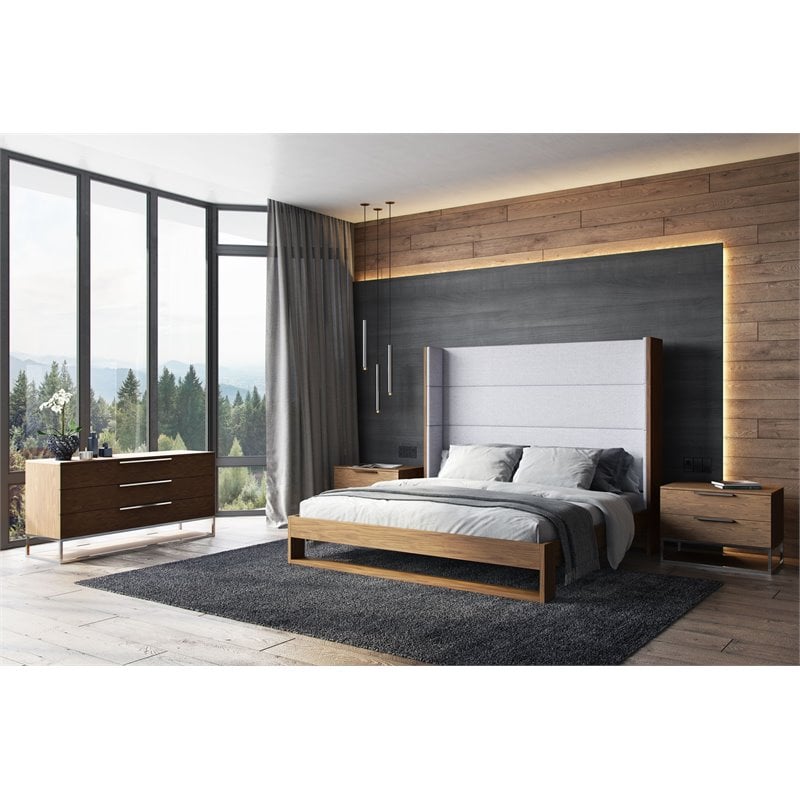 Pemberly Row Modern Fabric Upholstered Eastern King Bed in Walnut & Gray