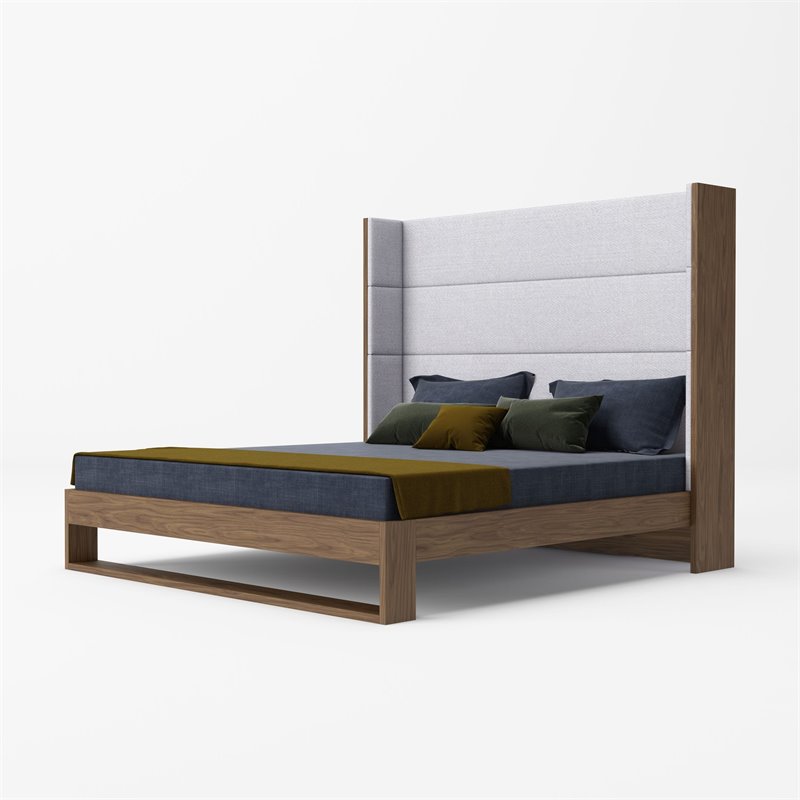 Pemberly Row Modern Fabric Upholstered Eastern King Bed in Walnut & Gray