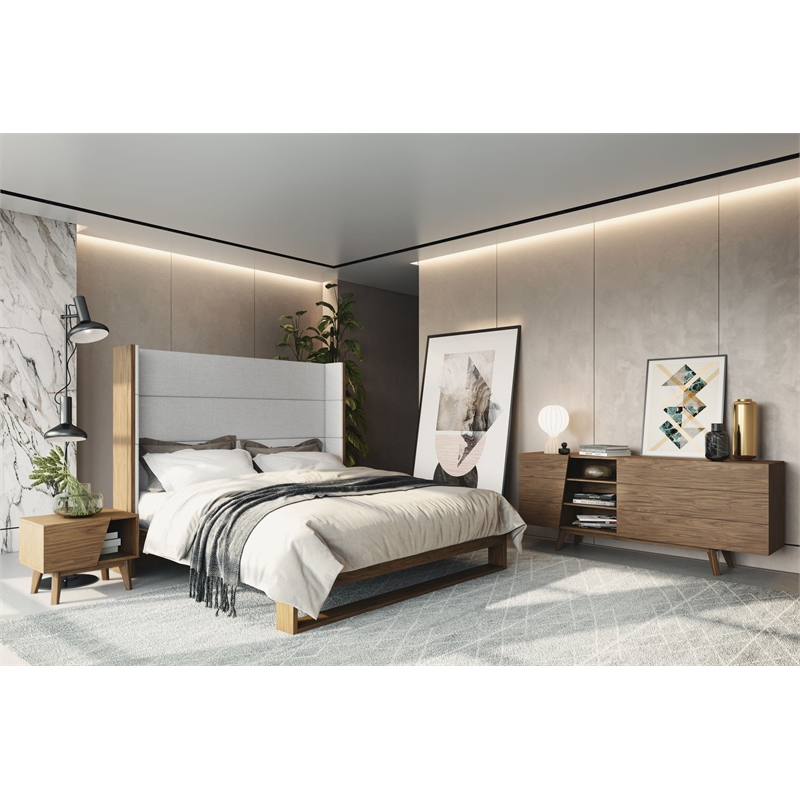 Pemberly Row Modern Fabric Upholstered Eastern King Bed in Walnut & Gray
