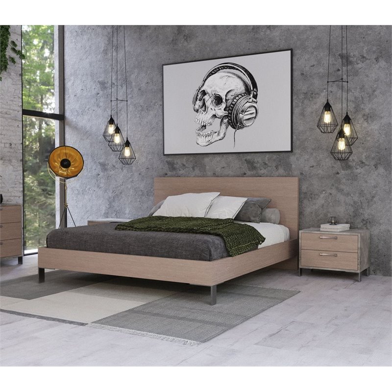 Pemberly Row Eastern King Bed in Brown Oak with Stainless Steel Legs