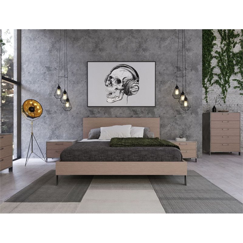Pemberly Row Eastern King Bed in Brown Oak with Stainless Steel Legs
