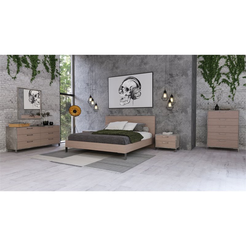 Pemberly Row Eastern King Bed in Brown Oak with Stainless Steel Legs