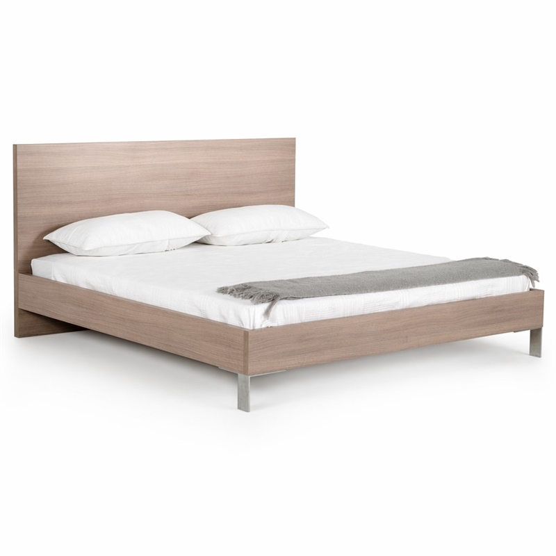 Pemberly Row Eastern King Bed in Brown Oak with Stainless Steel Legs